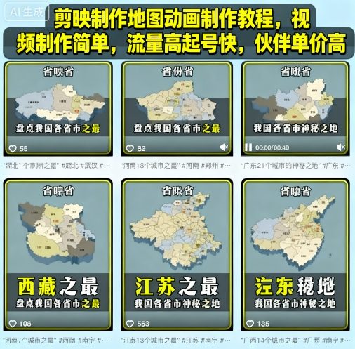 剪映制作地图动画制作教程，视频制作简单，流量高起号快，伙伴单价高-好耶资源
