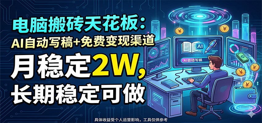 电脑搬砖天花板：AI自动写稿+免费变现渠道，月稳定2W，长期稳定可做-好耶资源