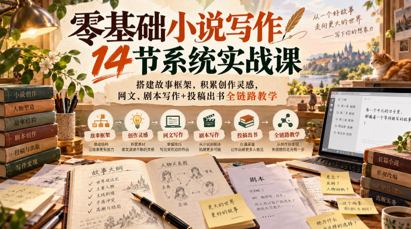 零基础小说写作14节系统实战课,搭建故事框架,积累创作灵感,网文、剧本写作+投稿出书全链路教学-好耶资源